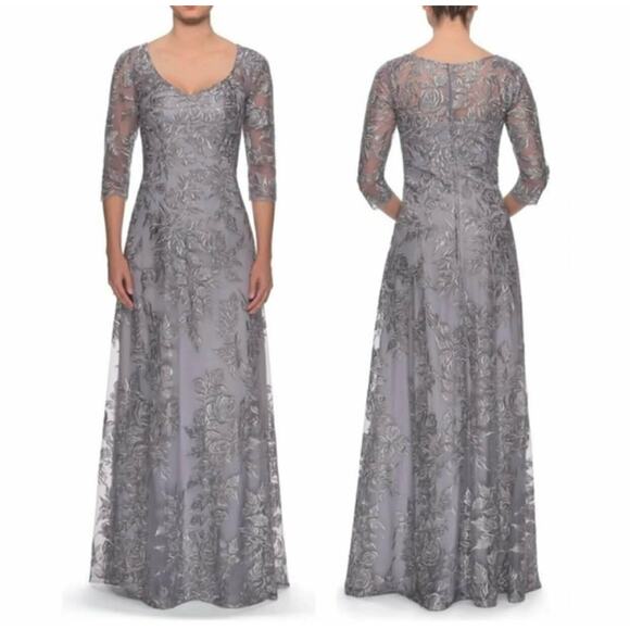 La femme‎ Floral Embroidered Mesh A-Line Gown Silver Size 6 NWT $588 #28053 - Picture 1 of 8
